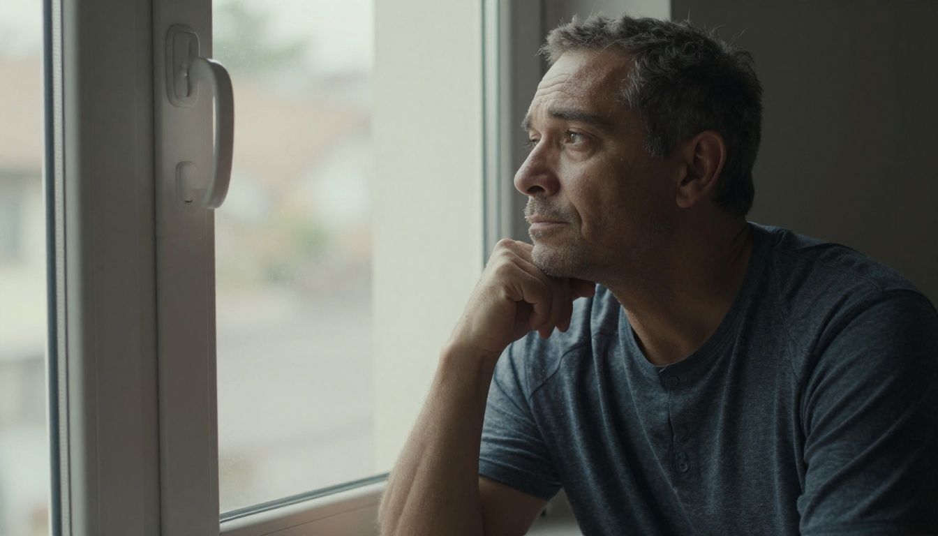 A man in his 40s looking thoughtfully out a window, contemplating his well-being and energy levels.