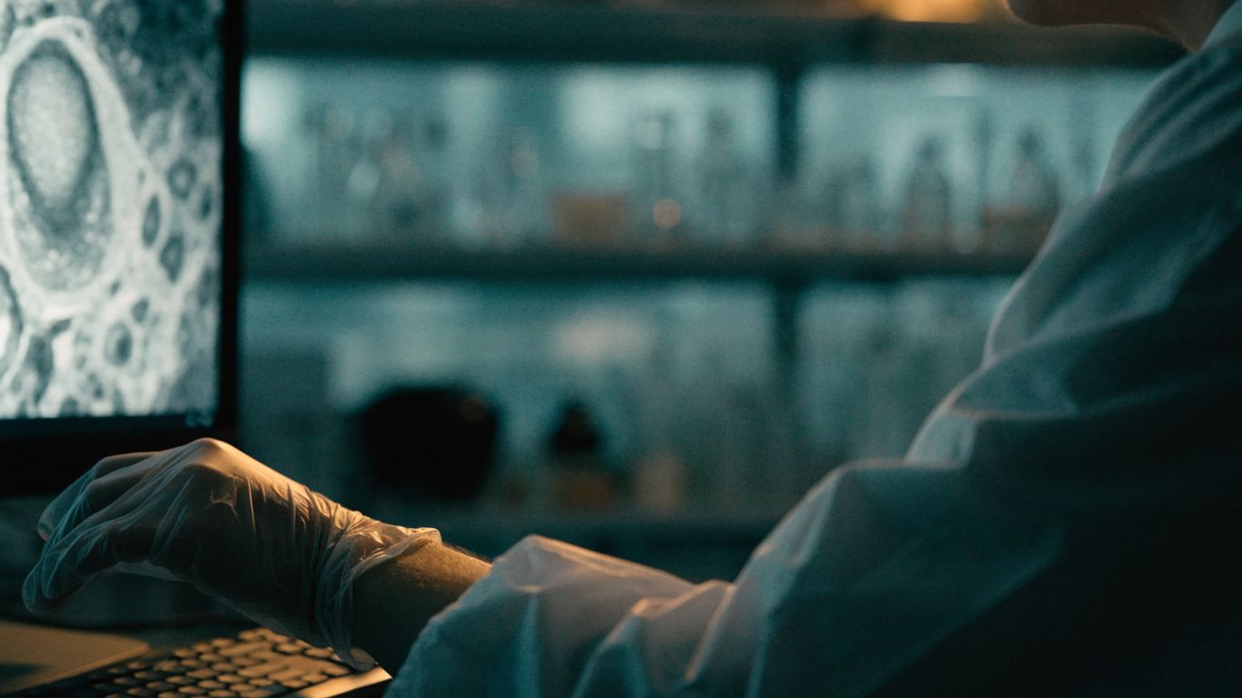 Researcher examining a scientific image on screen