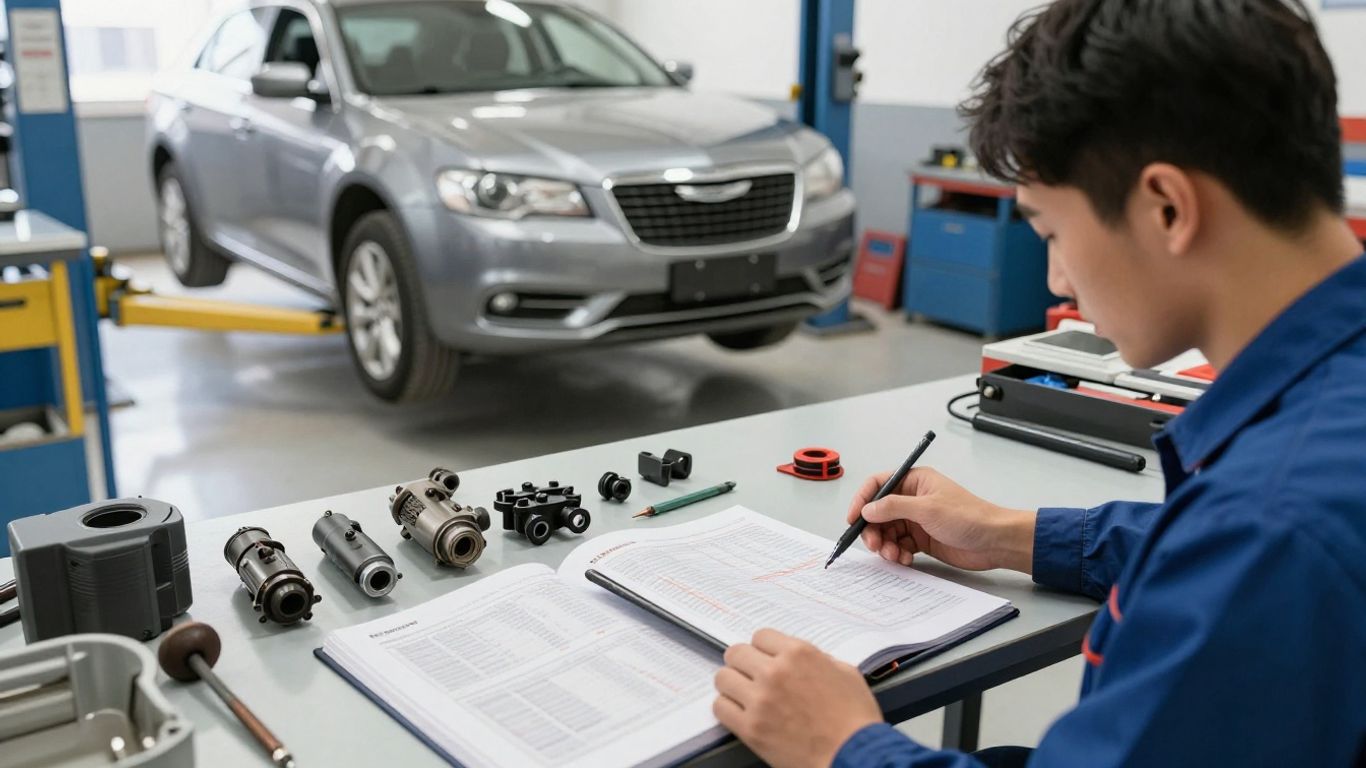 Technician comparing vehicle parts in workshop