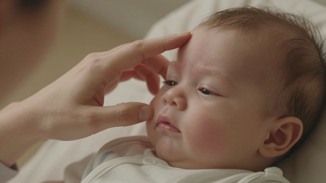 Padre tocando la frente de su bebé con fiebre.