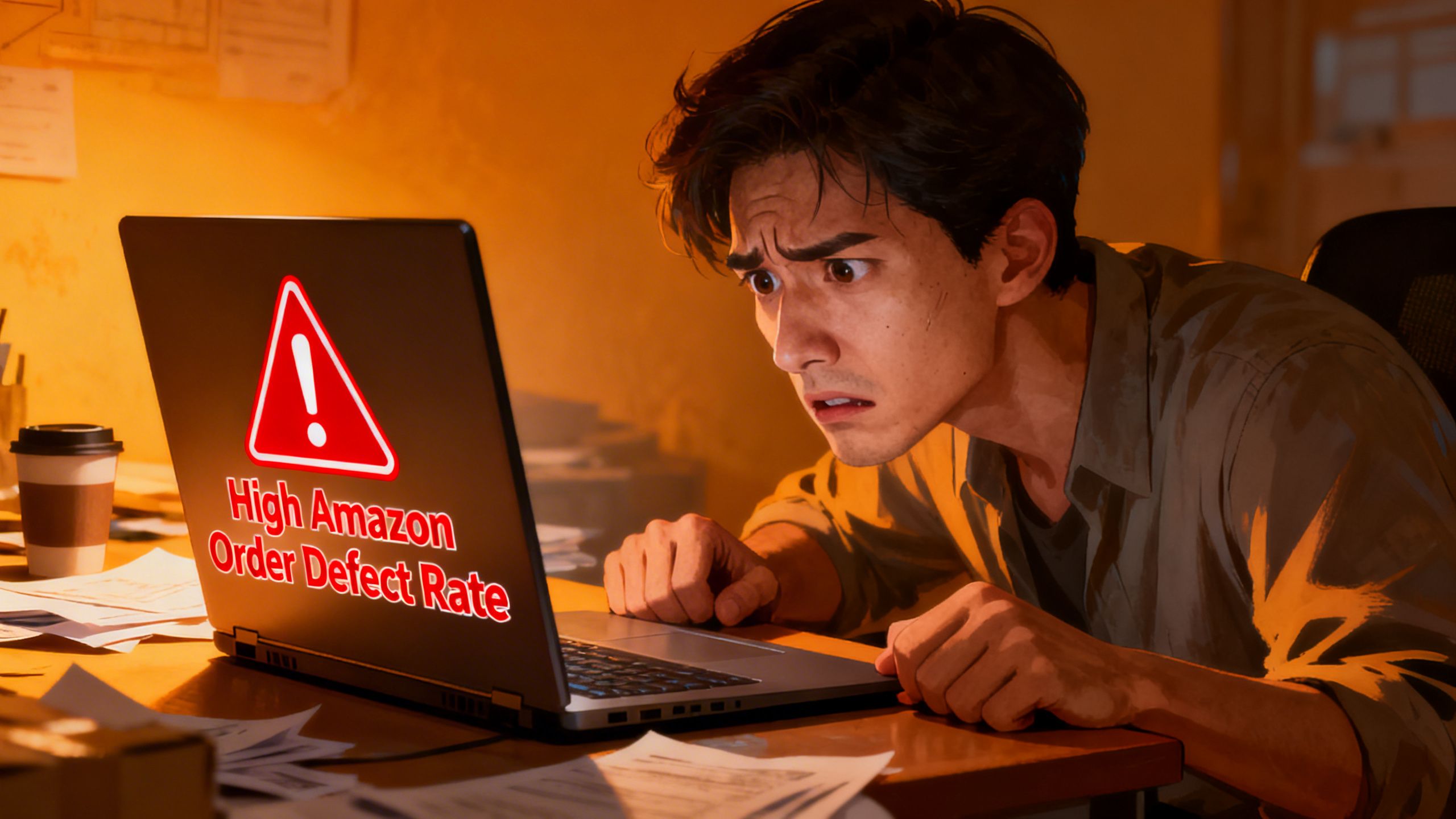 A stressed-out ecommerce seller looking at a laptop screen with a red warning symbol indicating a high Amazon Order Defect Rate.