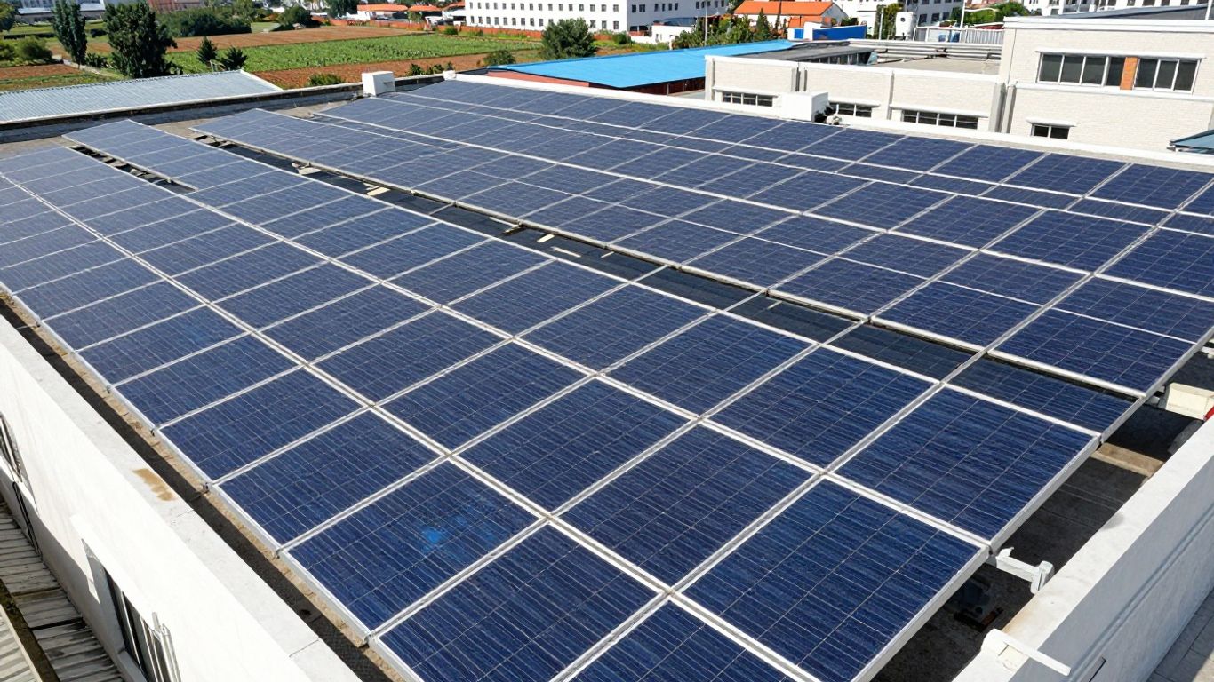Panneaux solaires sur une grande surface, sous le soleil.
