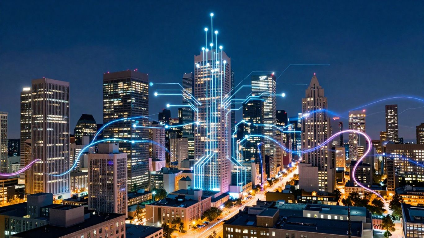 GTA cityscape with AI circuits and light trails.