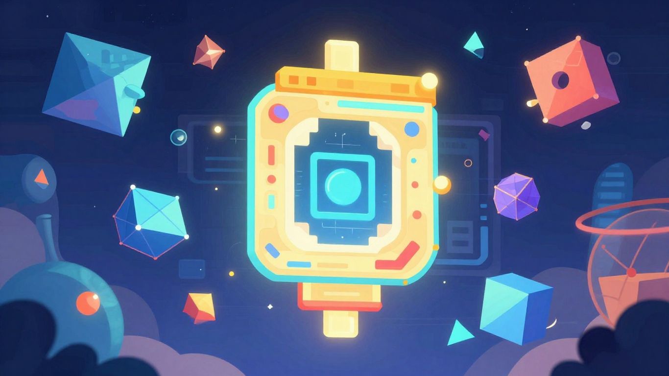 Futuristic AI math solver with glowing shapes.