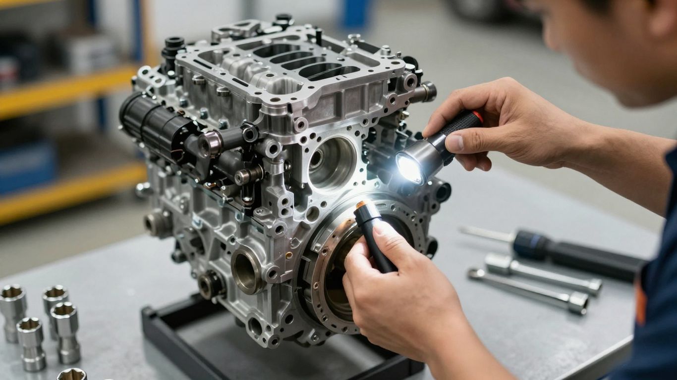 Technician inspecting replacement engine on workshop stand