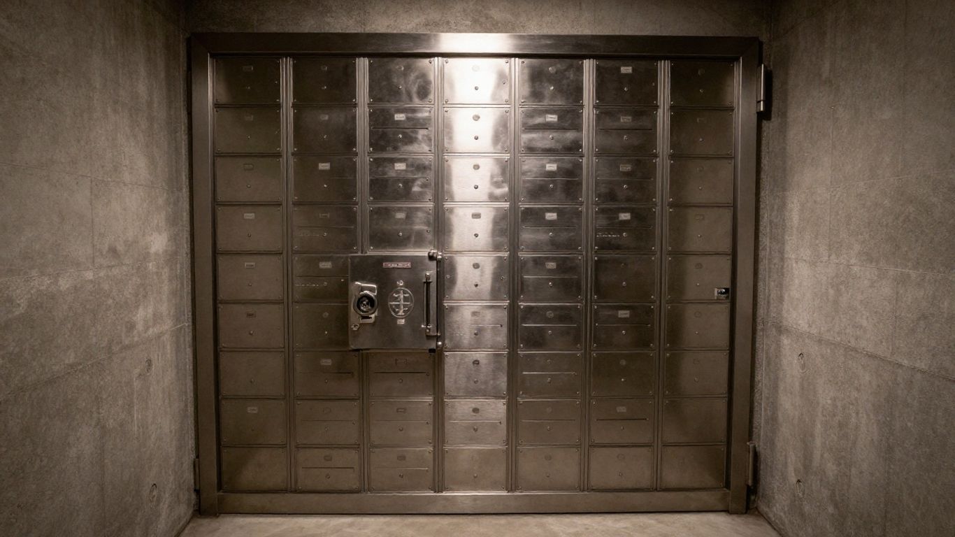 Secure vault interior with safety deposit boxes.