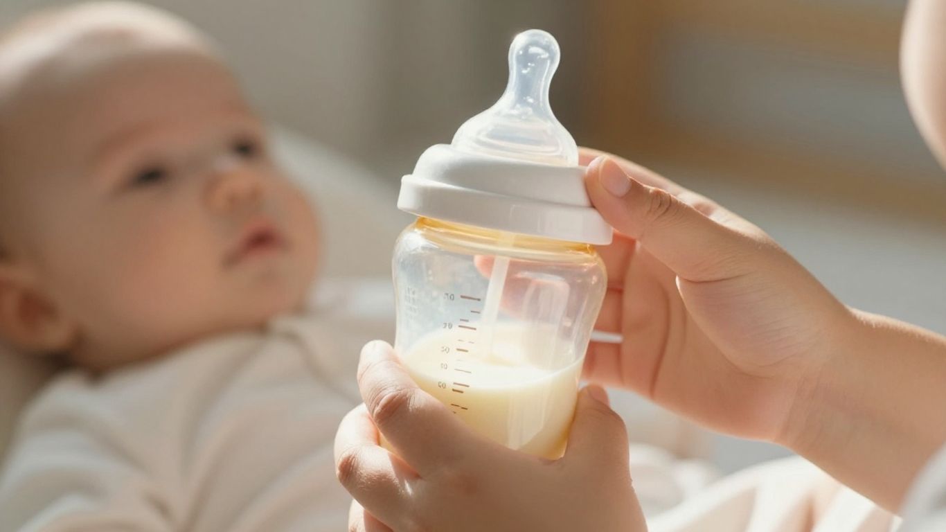 Manos de bebé sosteniendo un biberón con leche.