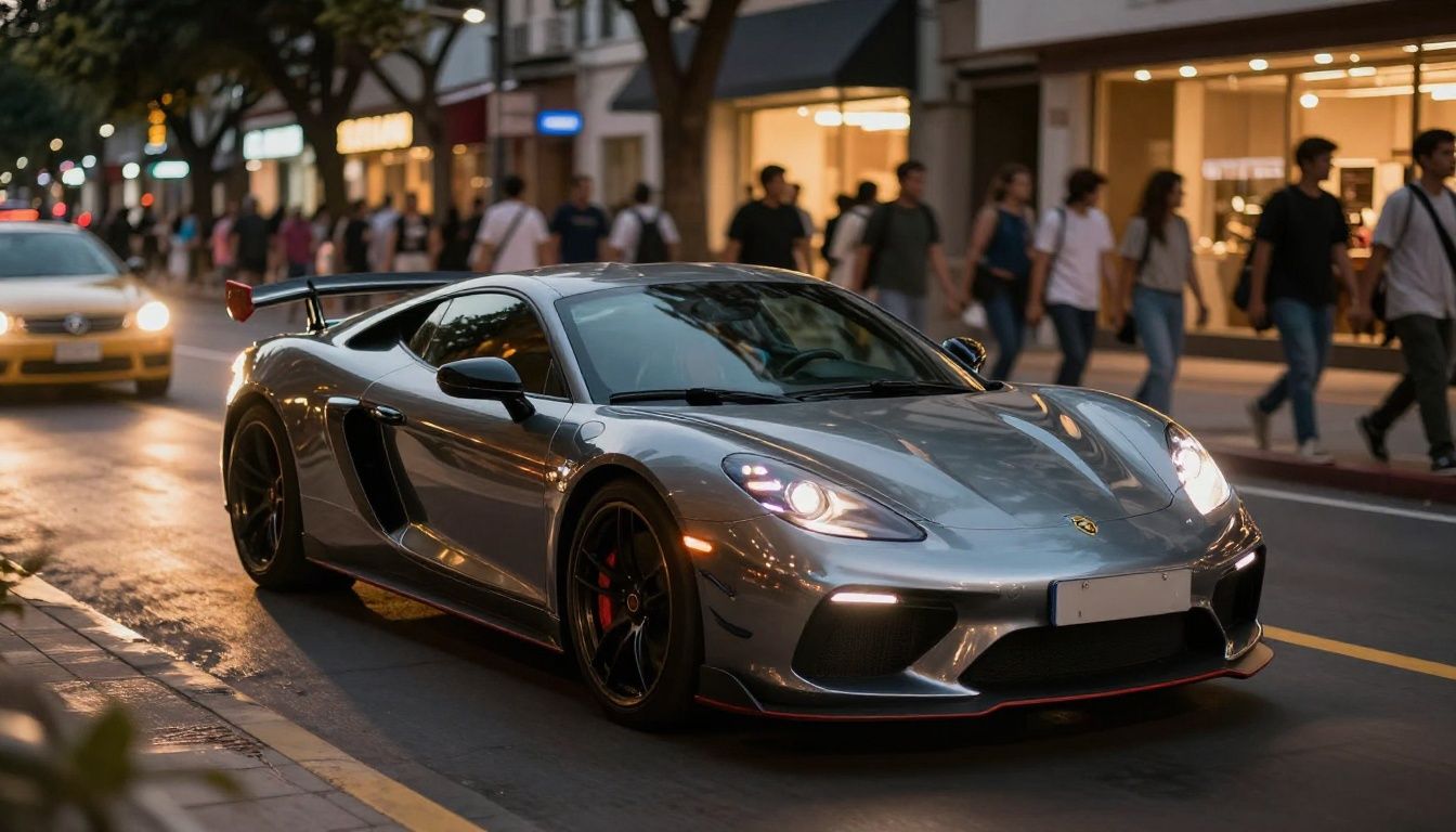 Um carro esportivo de luxo correndo em uma pista urbana vibrante ao entardecer, demonstrando reflexos realistas e efeitos de luz intensos
