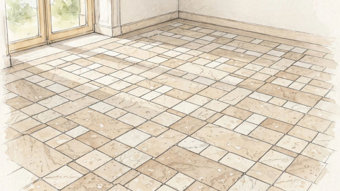 Travertine tiles arranged in a classic floor pattern