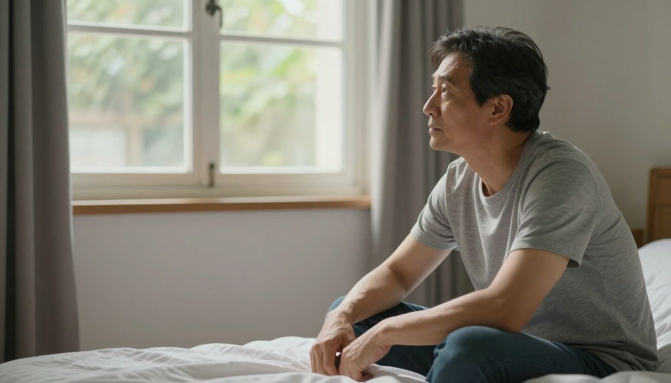 A thoughtful man in his 40s sits on the edge of his bed in the morning, looking out a sunlit window, contemplating his day and his energy levels.