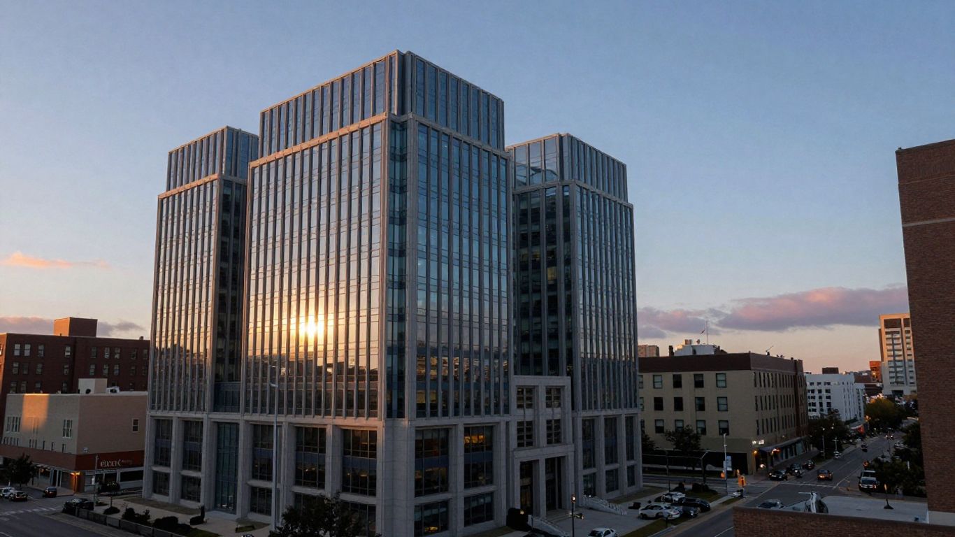 American cityscape with a bank building at sunrise.