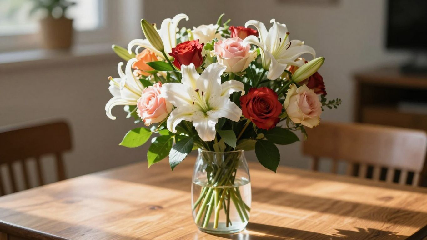 Colorful flower bouquet on a wooden table.