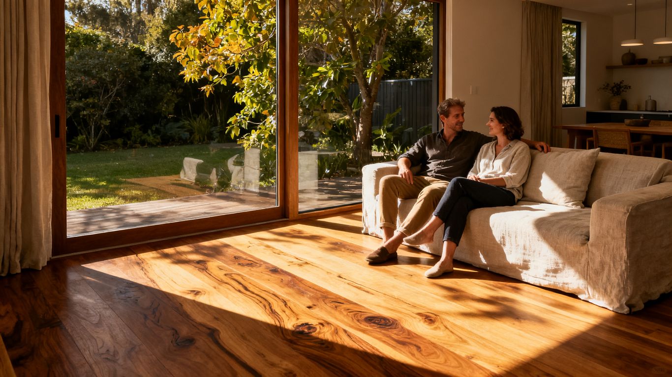 Timber floorboards in a sunlit Australian living room
