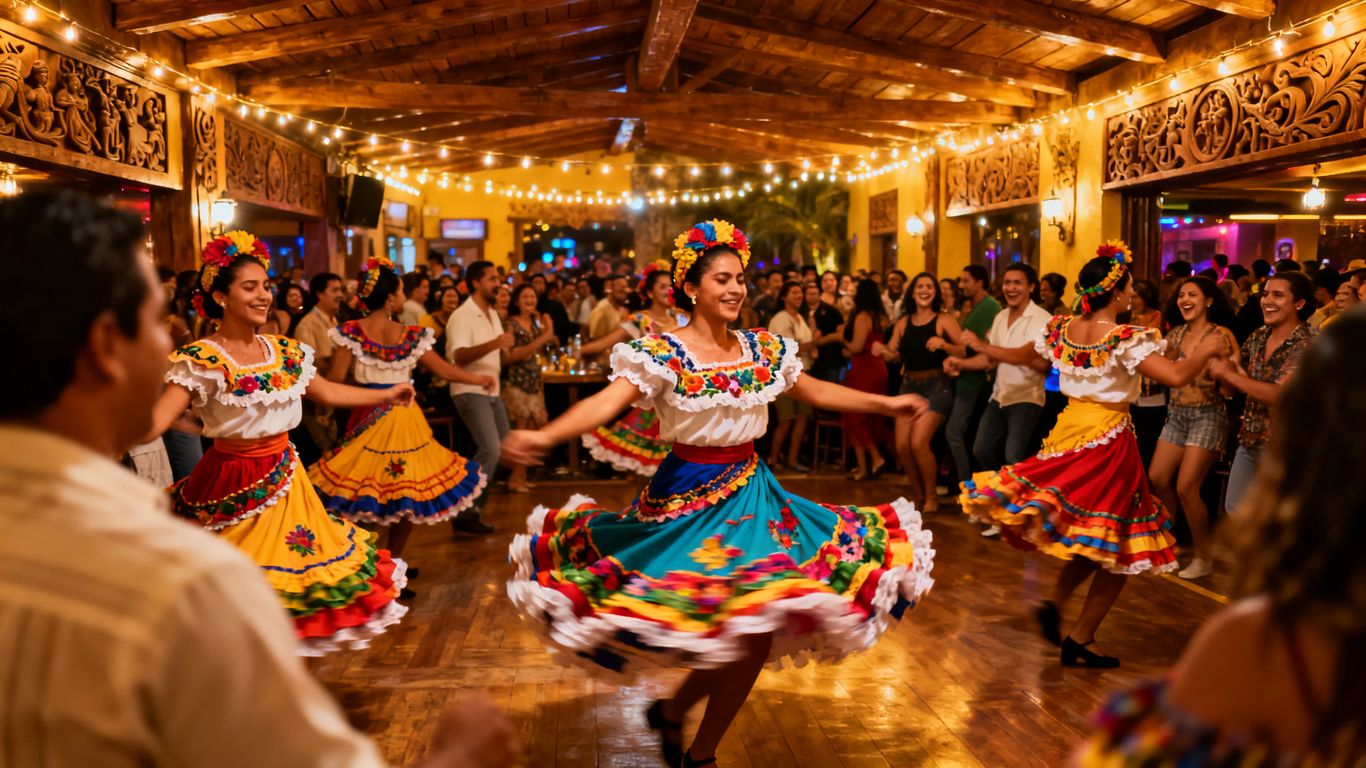 Vibrant dancers in colorful Colombian costumes