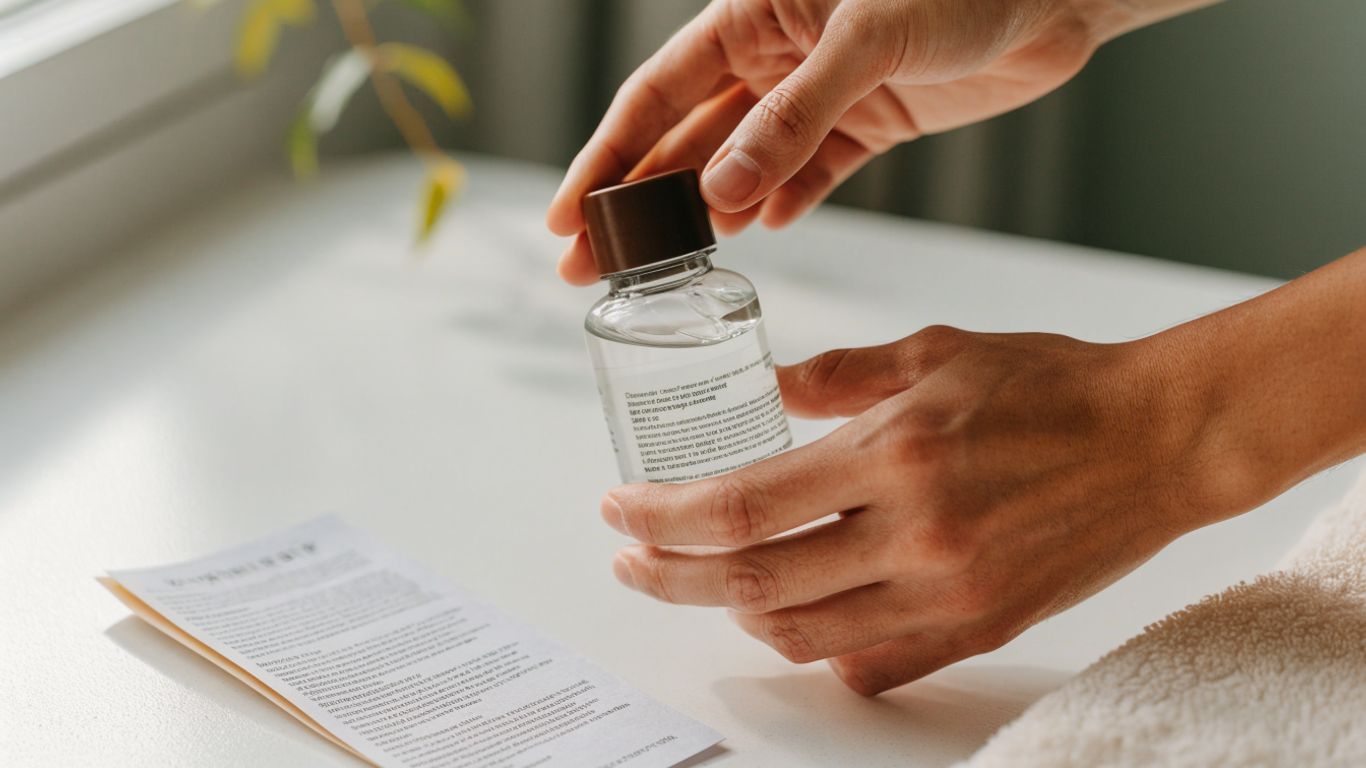 Reading lubricant ingredients beside a glass bottle