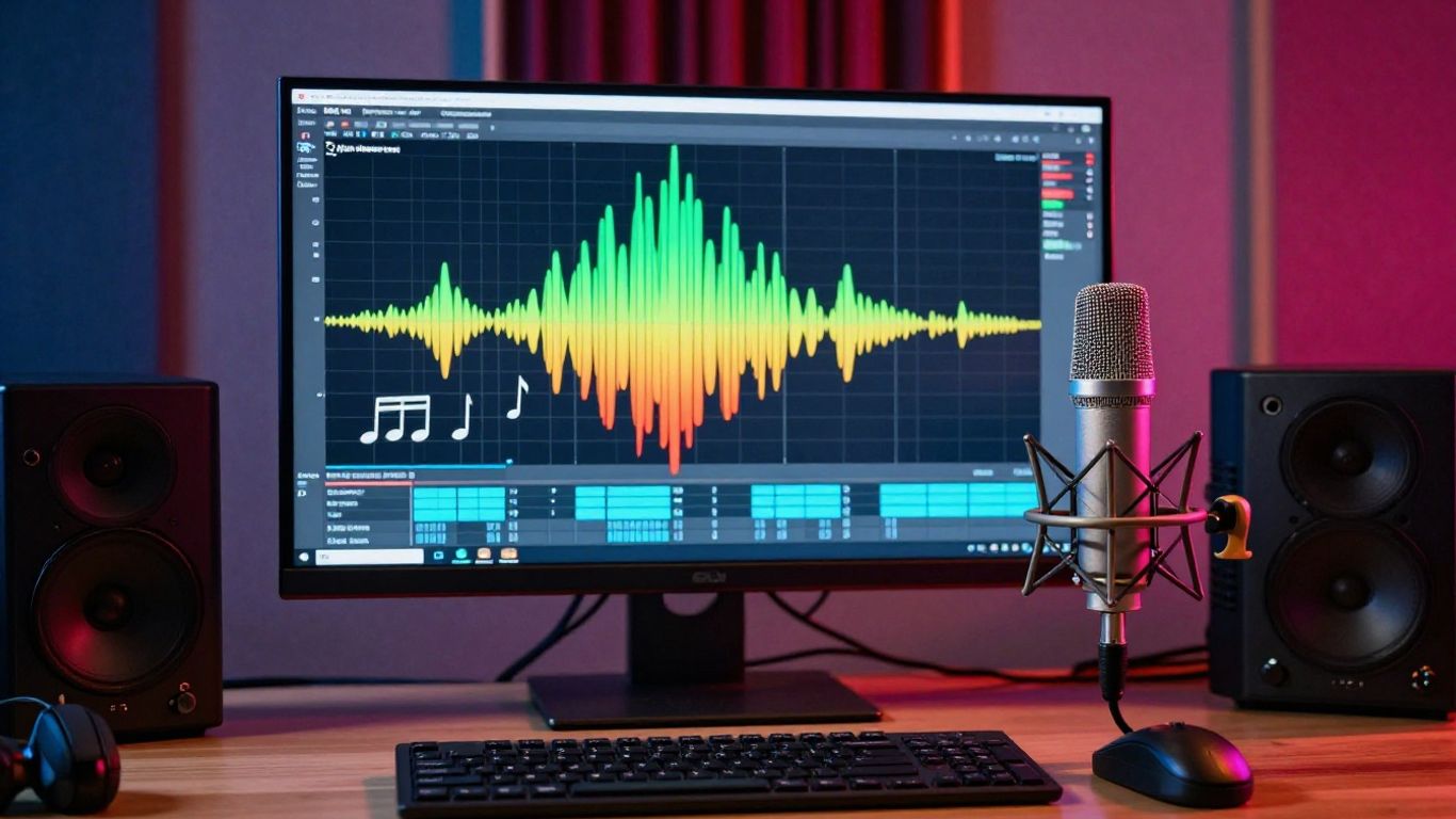 Music studio with sound waves and audio interface.