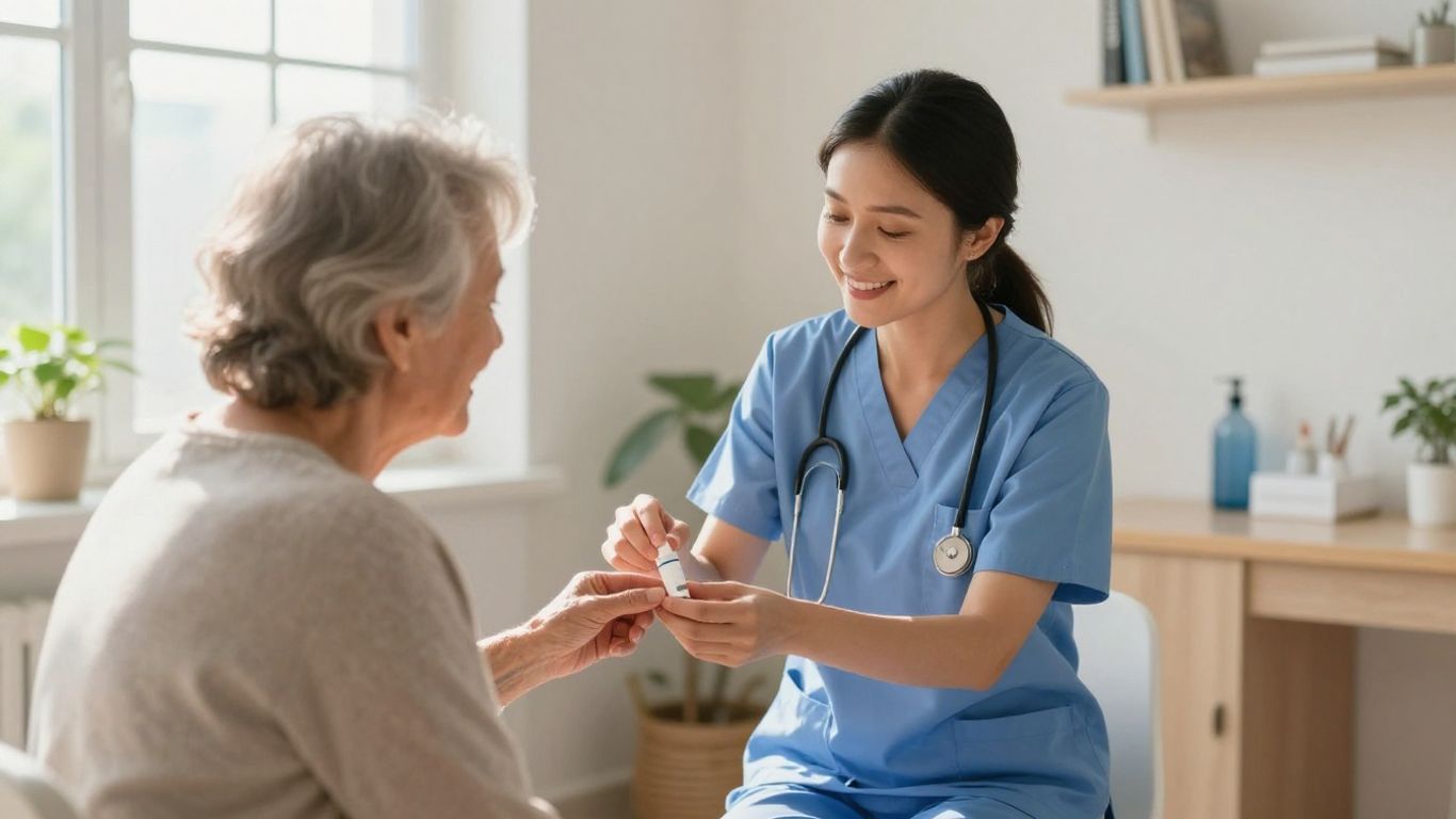 Medication aide giving medicine to an elderly patient.