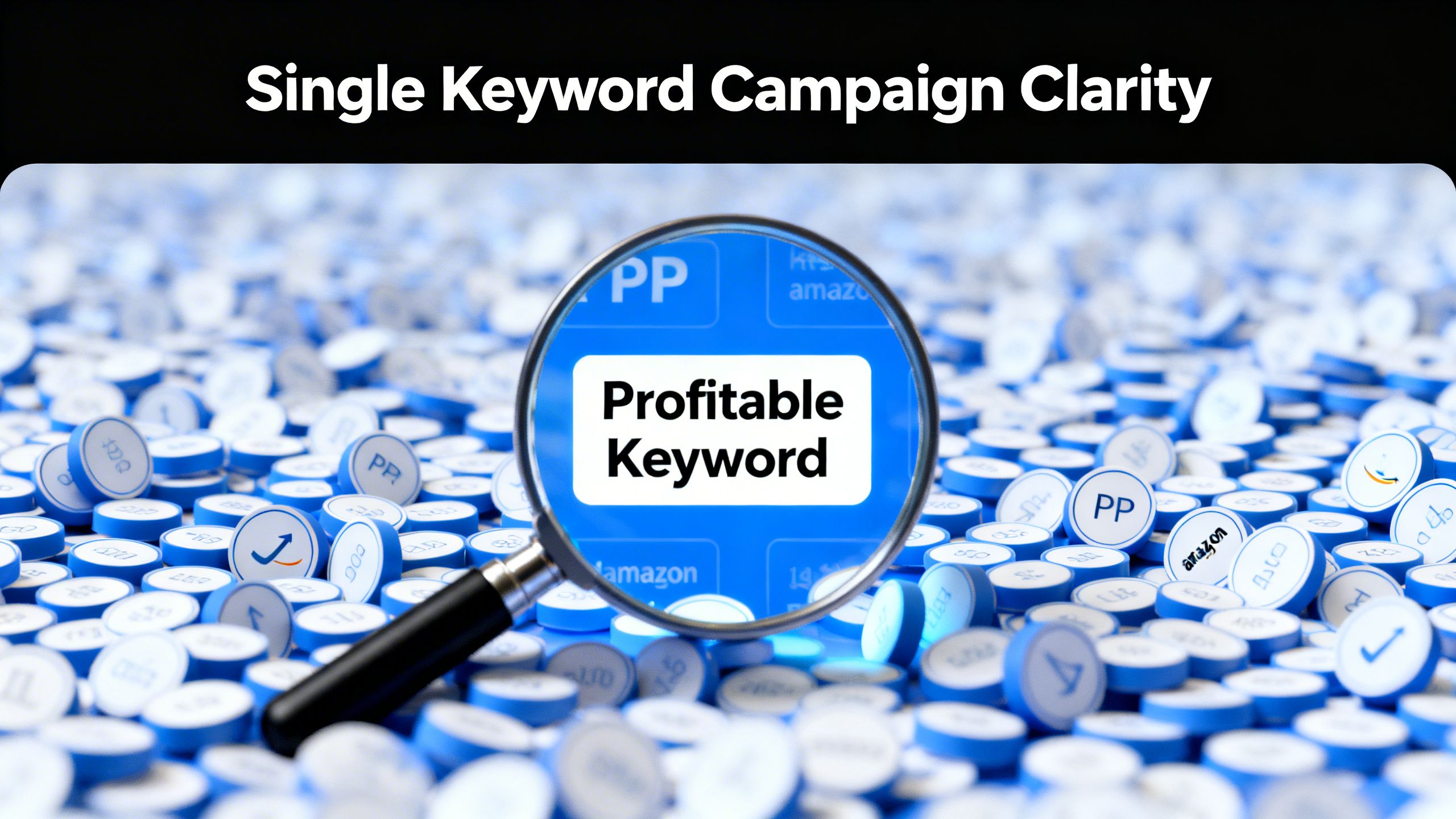 A magnifying glass focusing on a single profitable keyword in a sea of Amazon PPC data, illustrating the clarity of a Single Keyword Campaign.