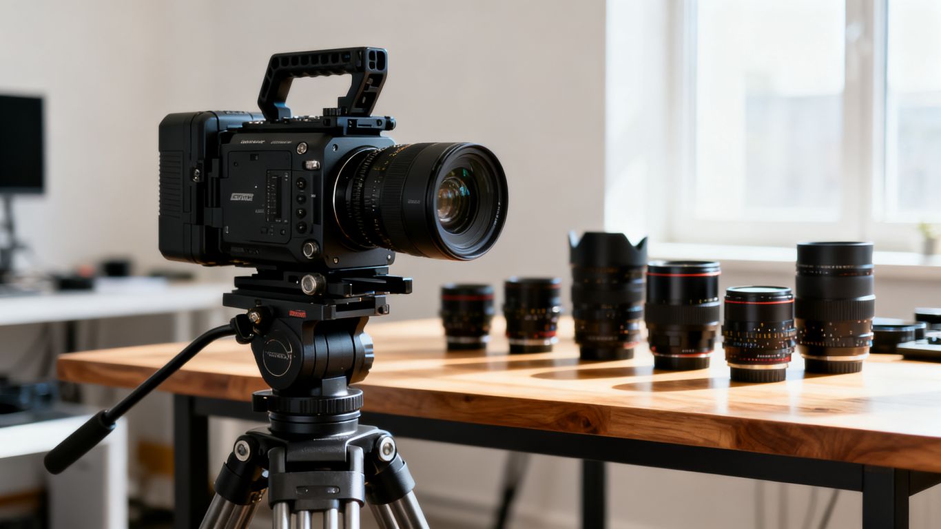 Cinema camera beside lenses and tripod