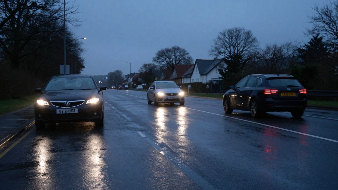 Driver using headlights carefully on a UK road
