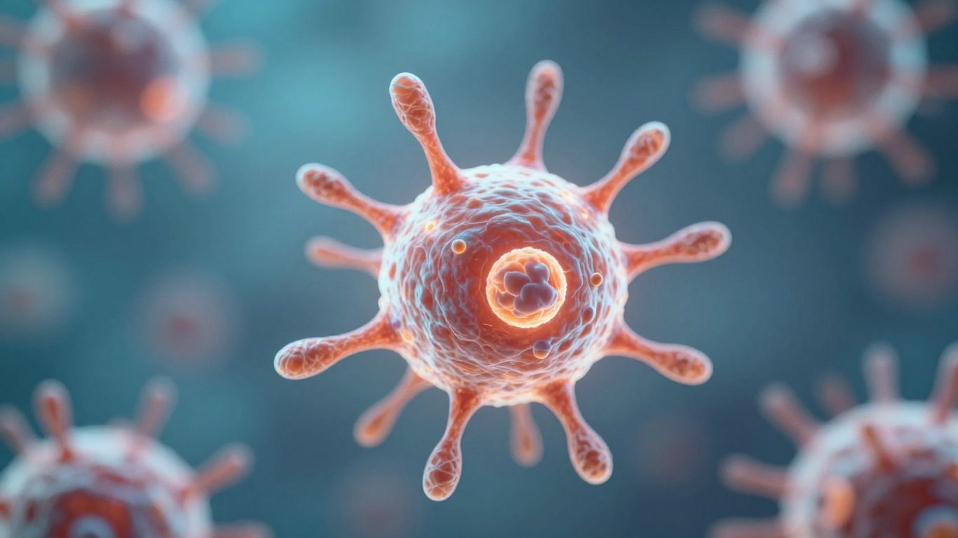 Mitochondrion with energy waves, cellular background.
