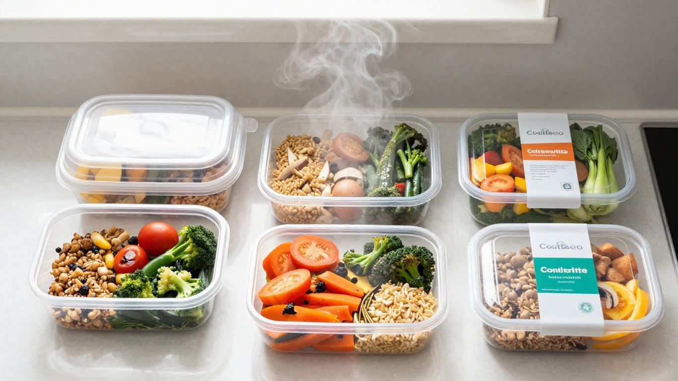 Colorful plant-based freezer meals ready for storage.