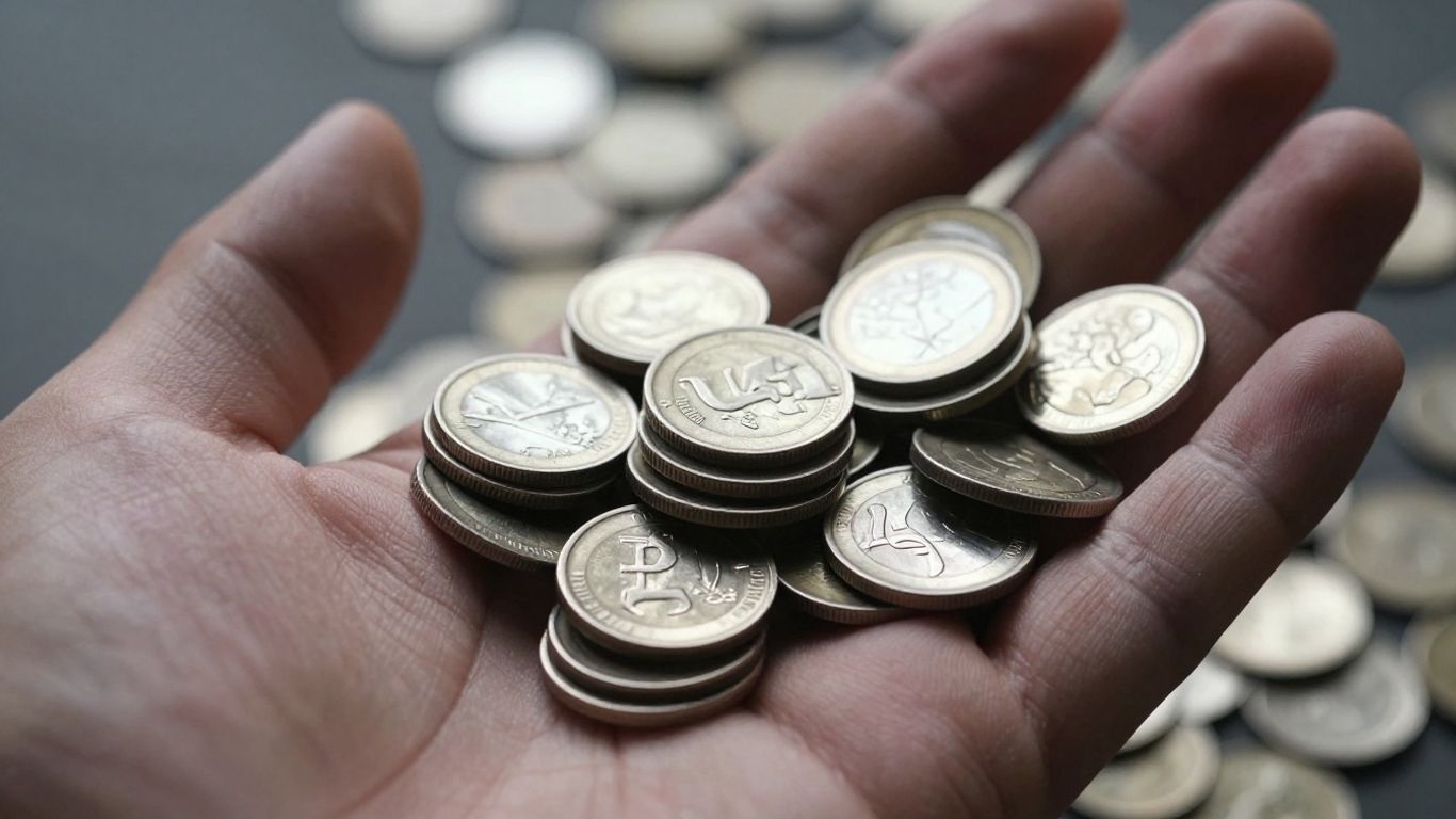 Main d'une personne tenant des pièces d'argent.