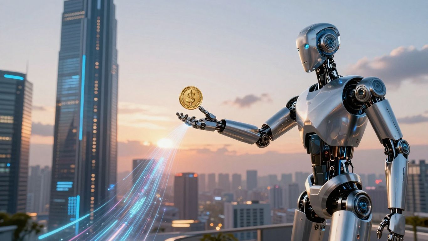 Futuristic cityscape with robot arm holding golden coin.