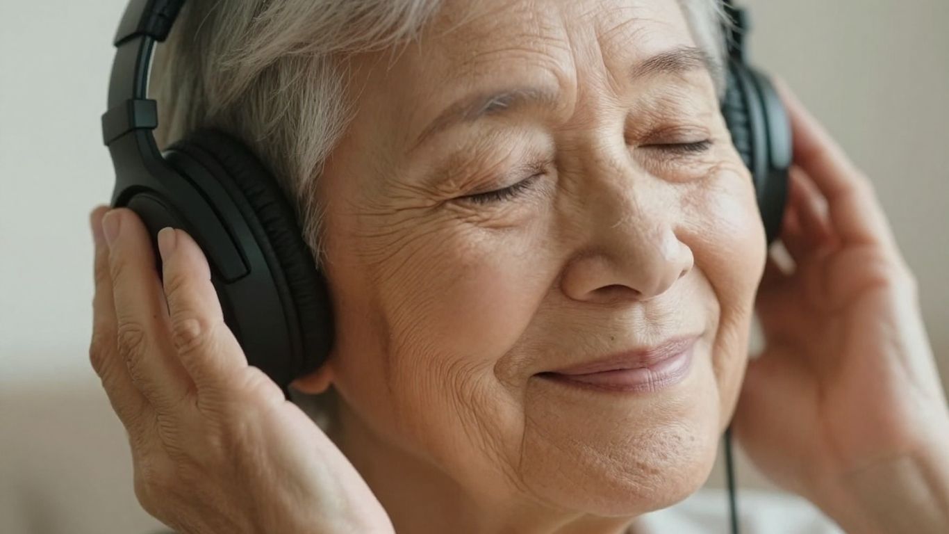 Elderly person smiling while listening to music with headphones.