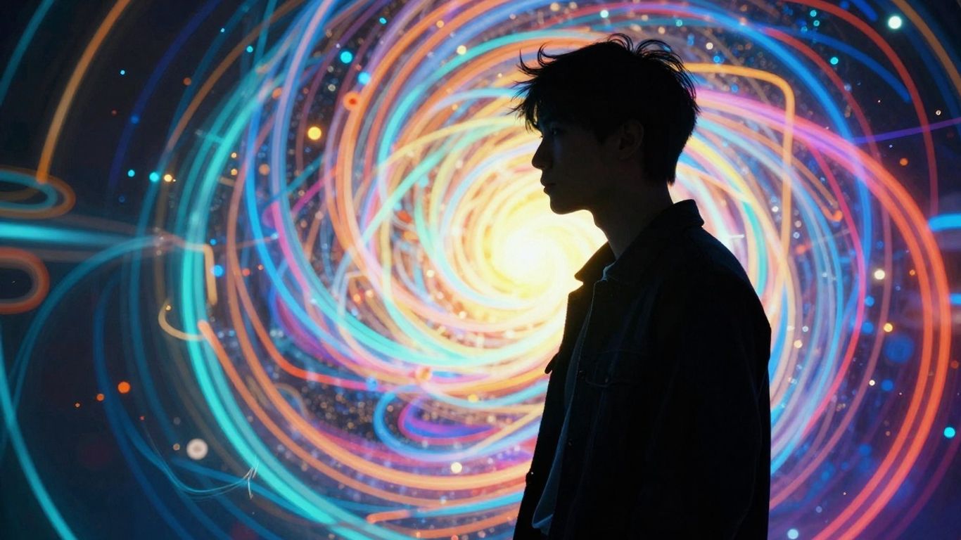 Musician in front of AI-generated digital vortex.