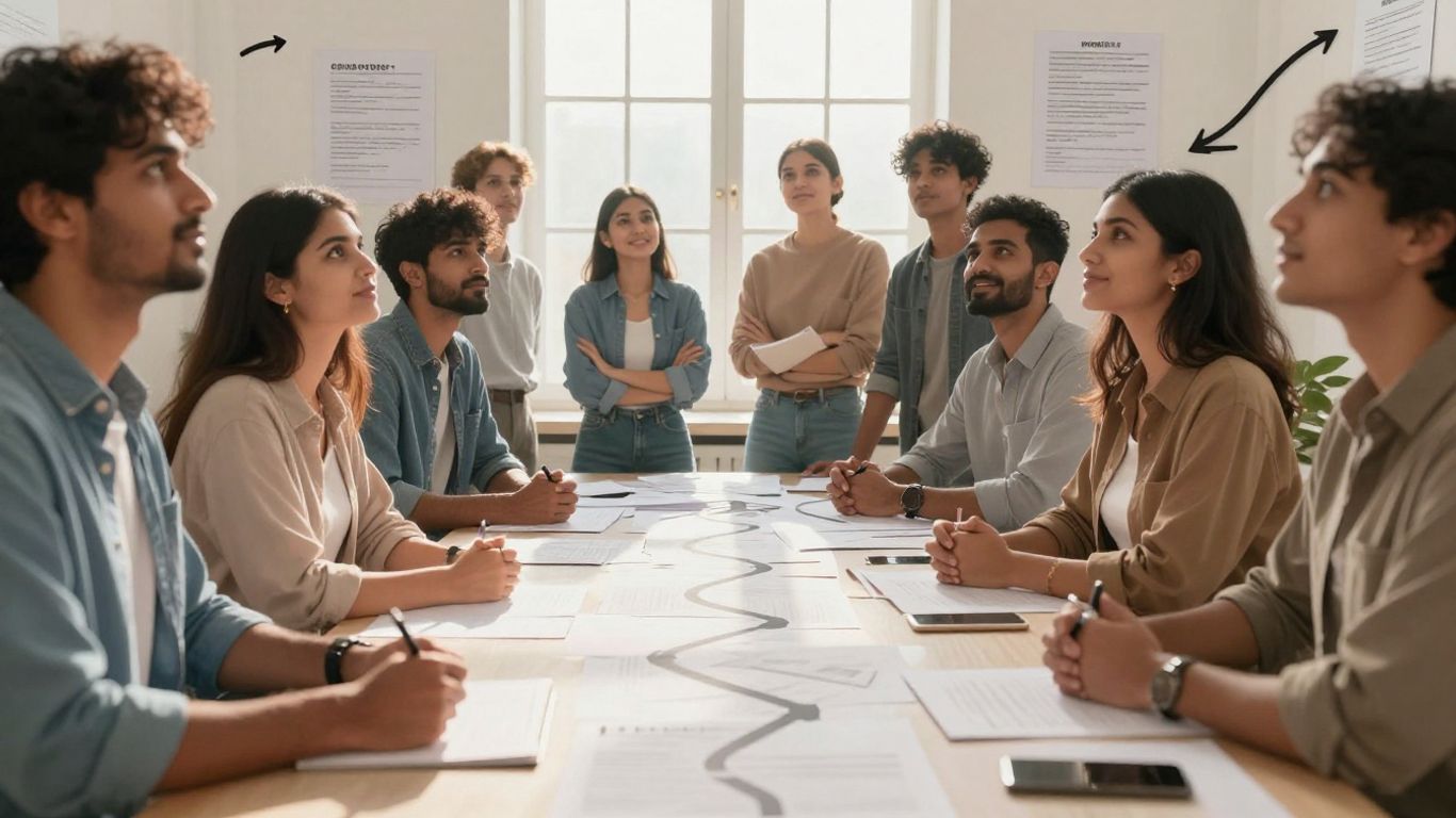 Students looking hopeful with financial documents and clear paths.