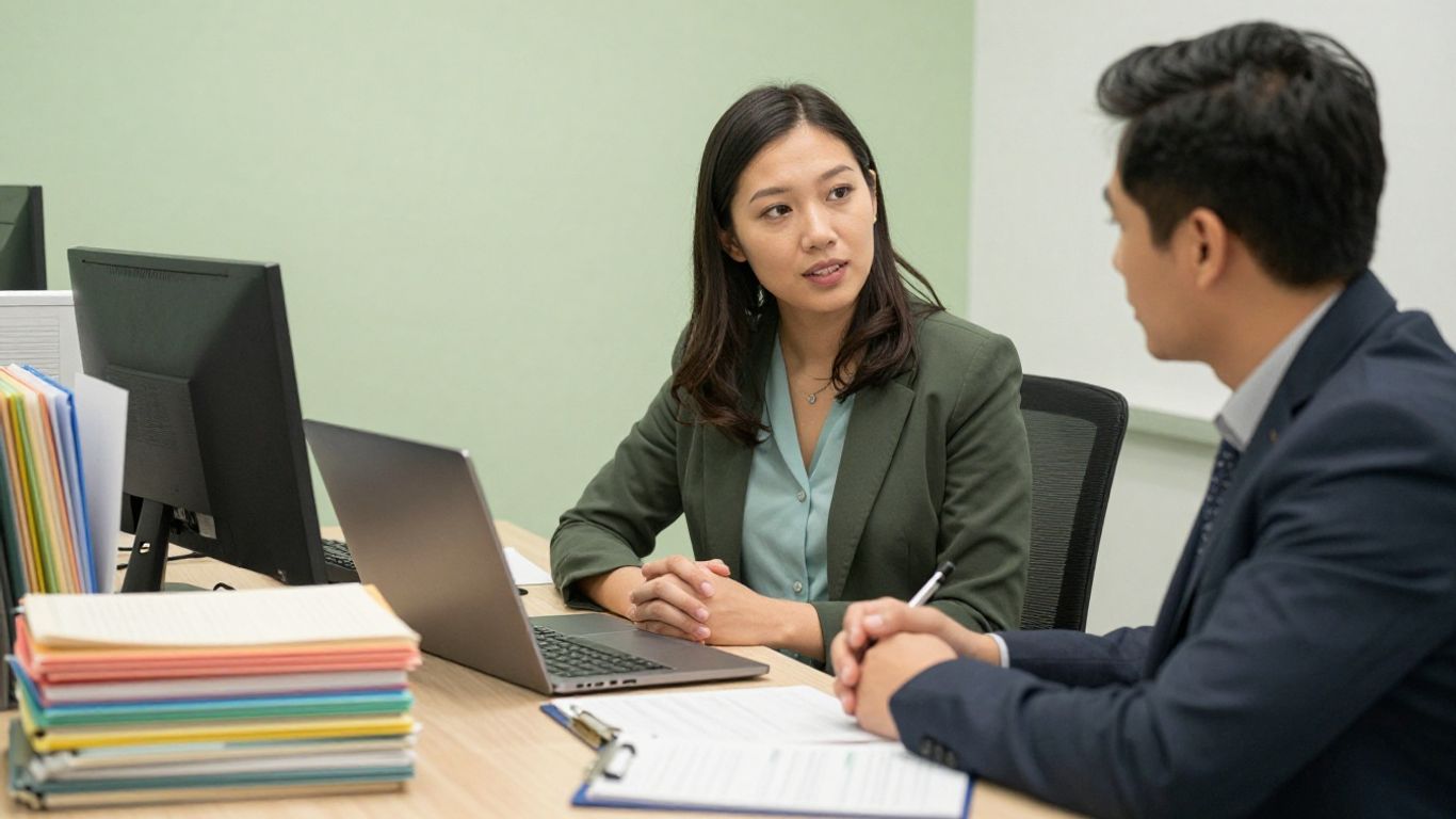 Practice manager discussing billing workflows at a desk