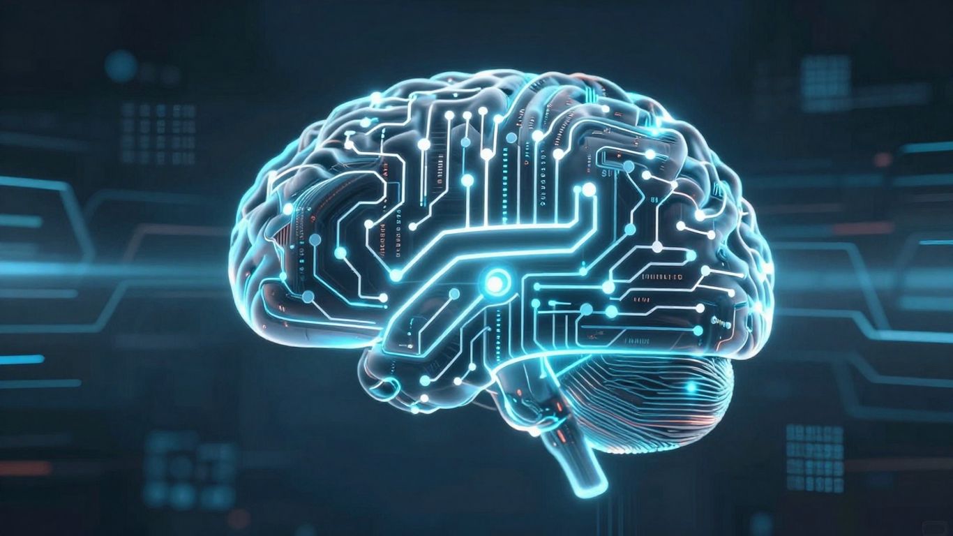 Futuristic AI brain with glowing code pathways.