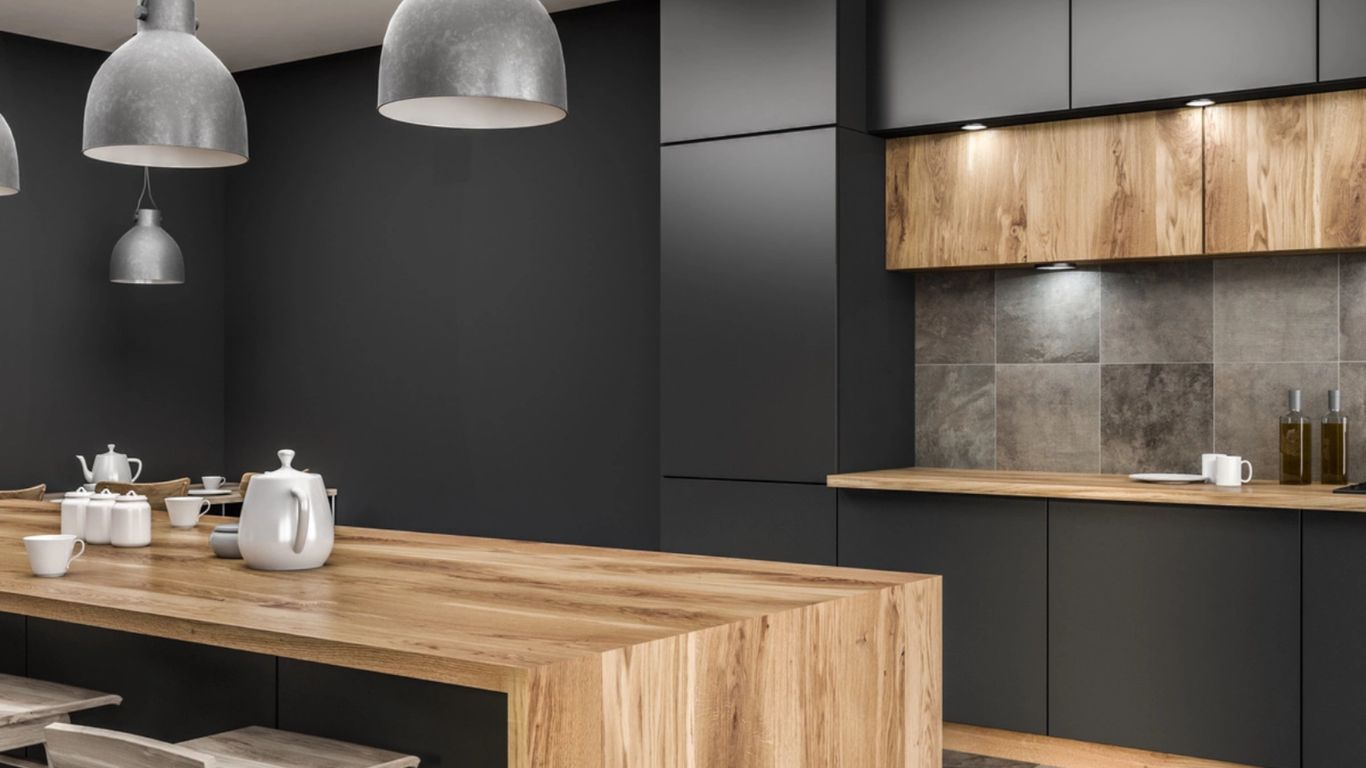 Modern kitchen with dark cabinets, wood accents, and pendant lights.