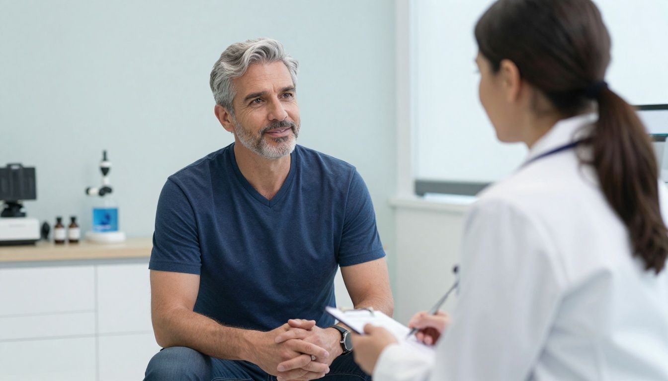 A confident diverse man in his 40s speaking with a professional provider in a premium modern men’s health clinic, with subtle lab and wellness details in the background, realistic photography, upscale clinical setting, no logos or text