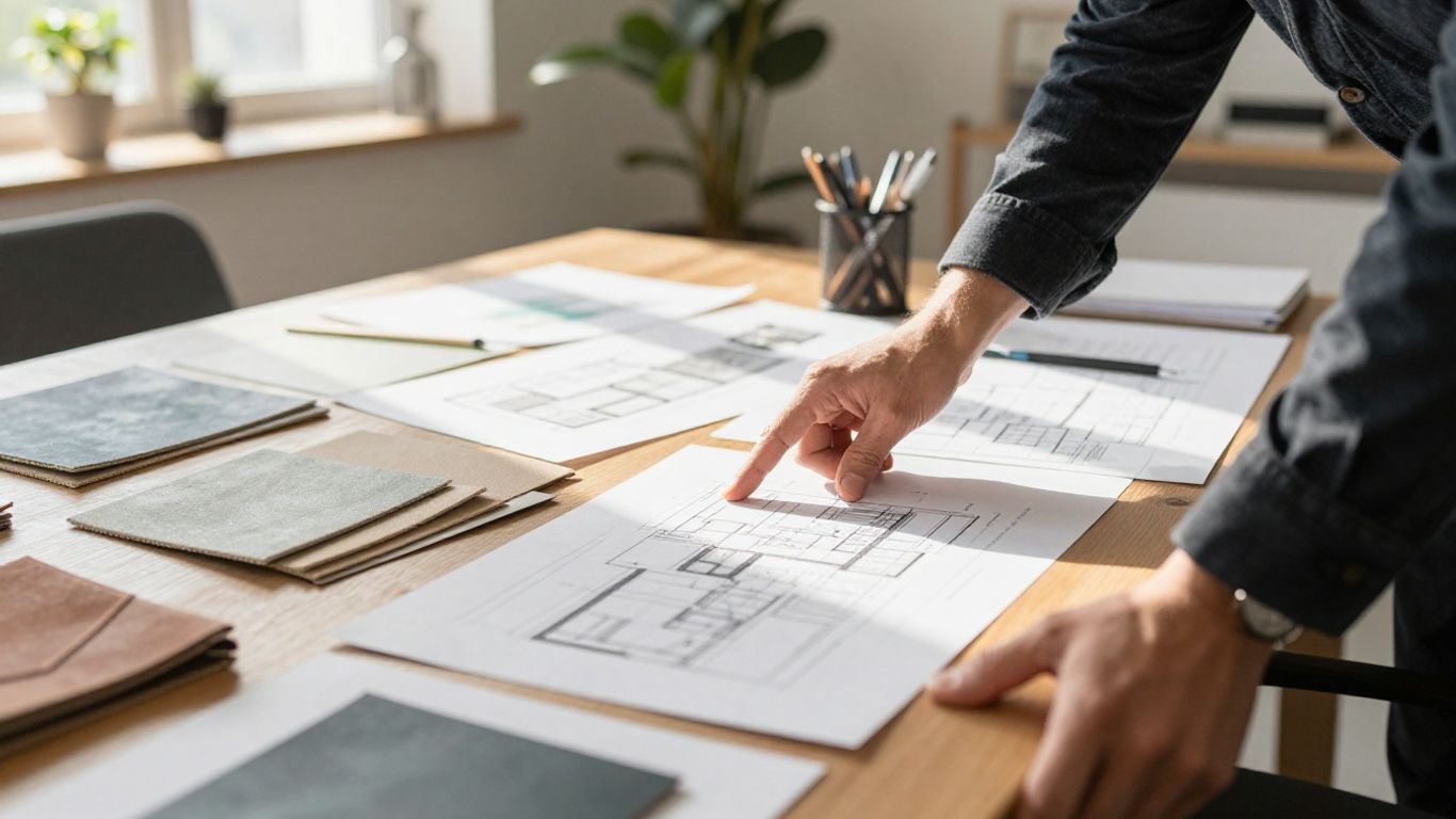 Modern design team reviewing floor plans