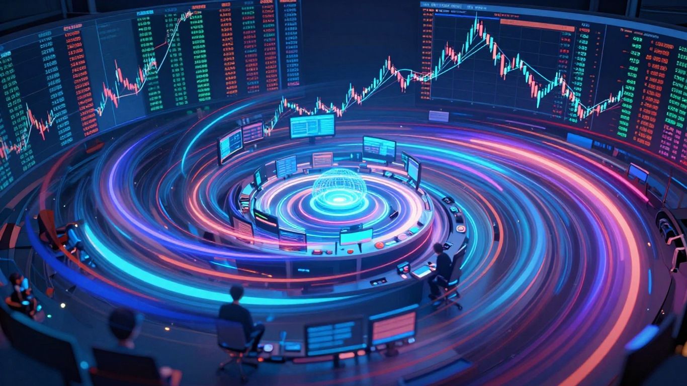 Abstract financial data swirling around a trading floor.