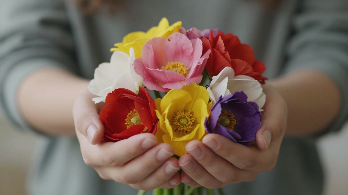 Hands holding a bouquet of colorful flowers.