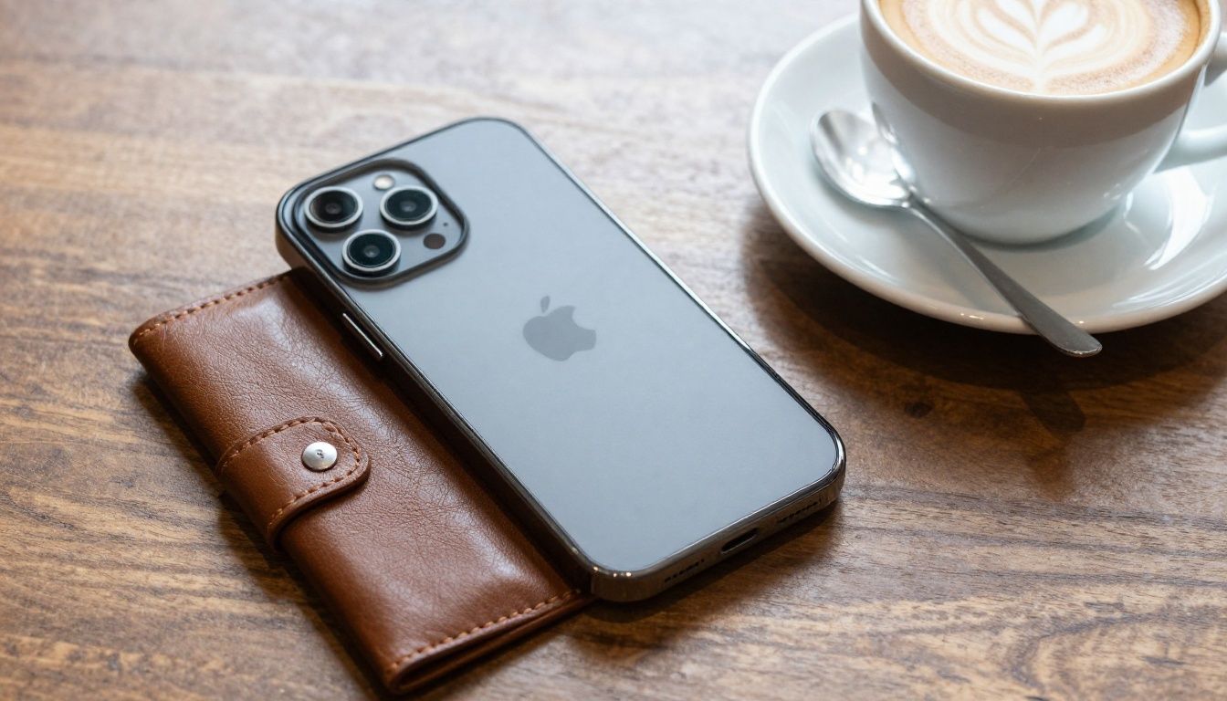 Someone sitting at a cafe in Melbourne, their iPhone 15 Pro with a stylish leather wallet case on the table next to a flat white.