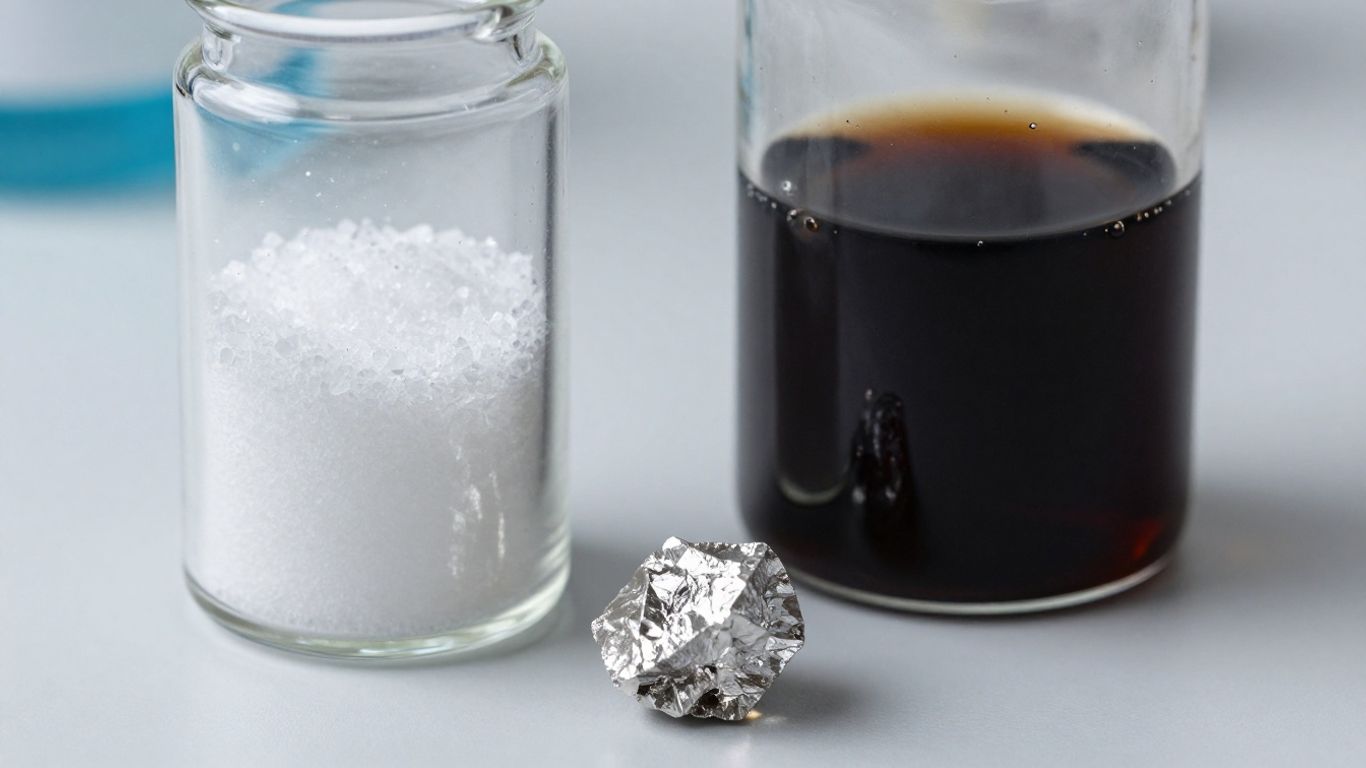Silver nitrate crystals and solutions in a lab setting.