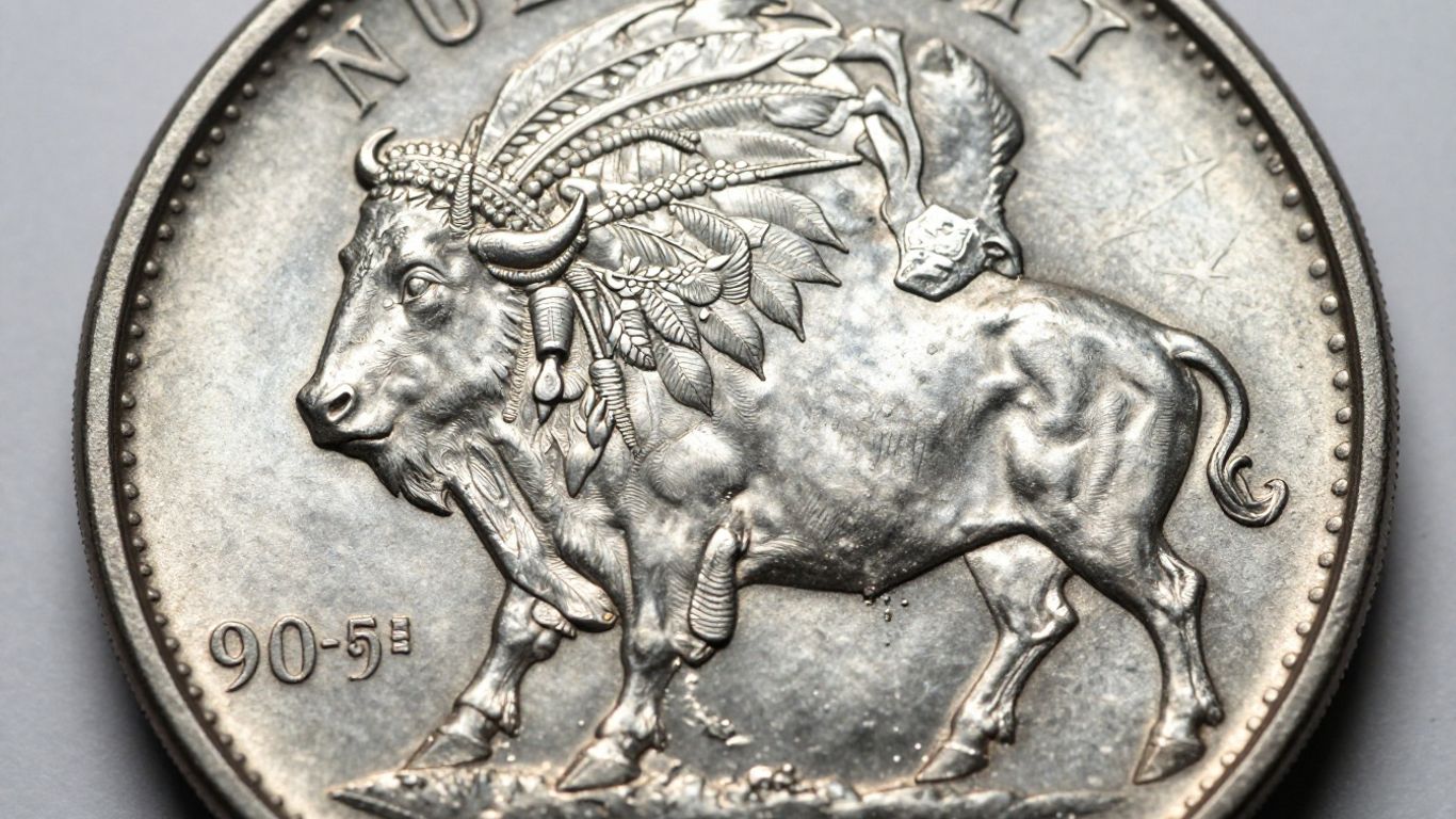 Buffalo nickel coin with Native American profile and buffalo.
