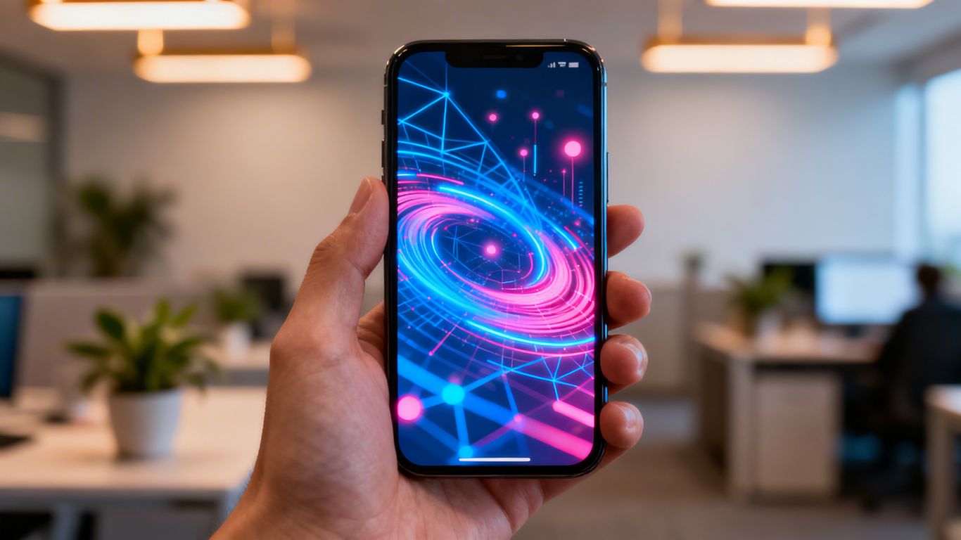 Hand holding smartphone with abstract data visualization.