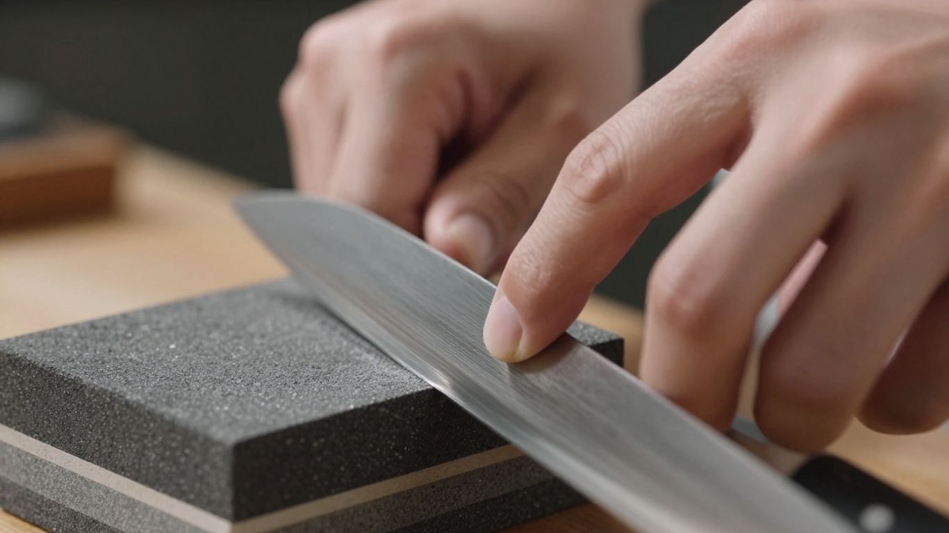Hand sharpening a knife on a whetstone.
