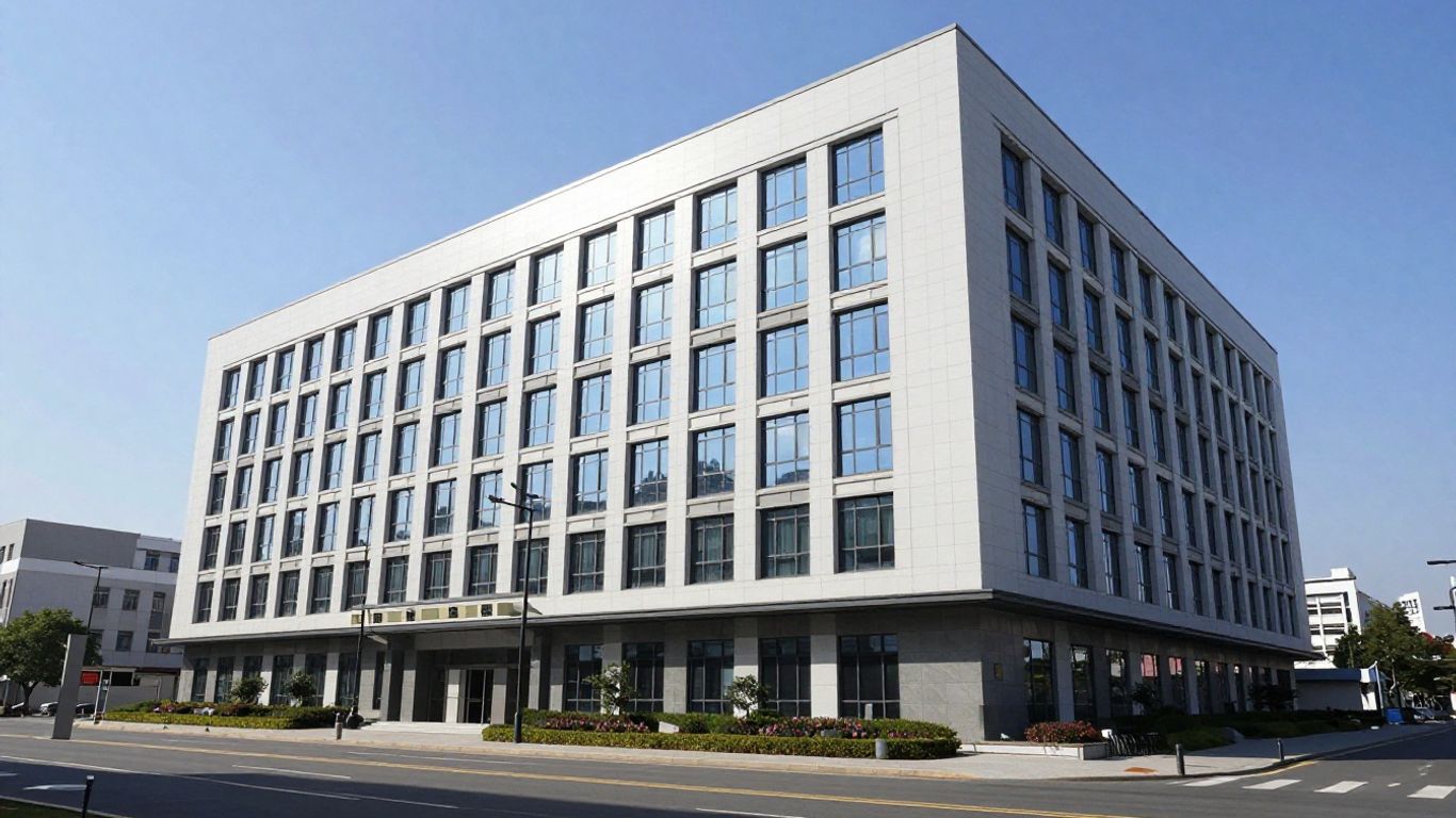 Edificio de oficinas moderno con cielo despejado.
