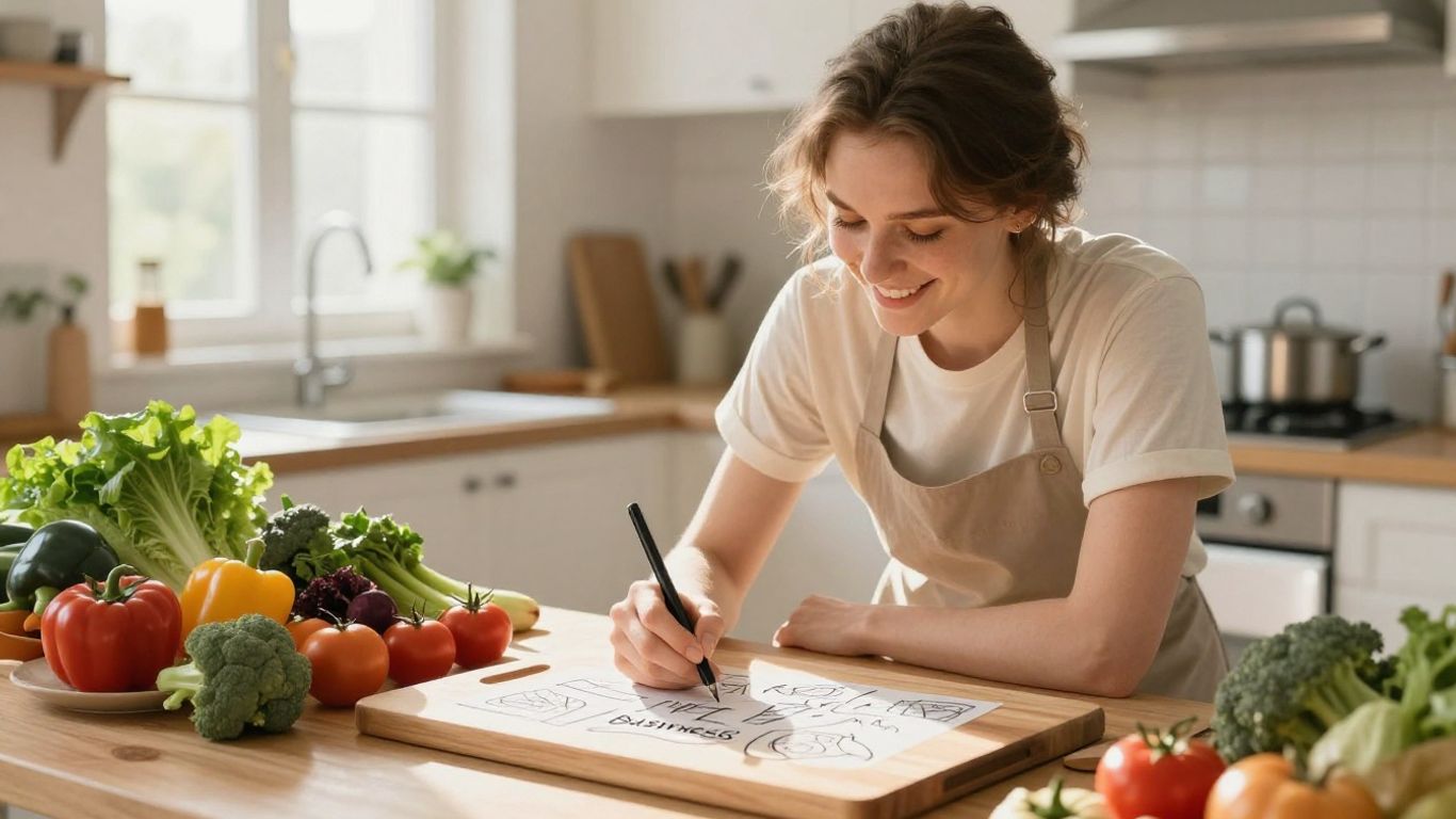 Kitchen with ingredients and person planning a food business.