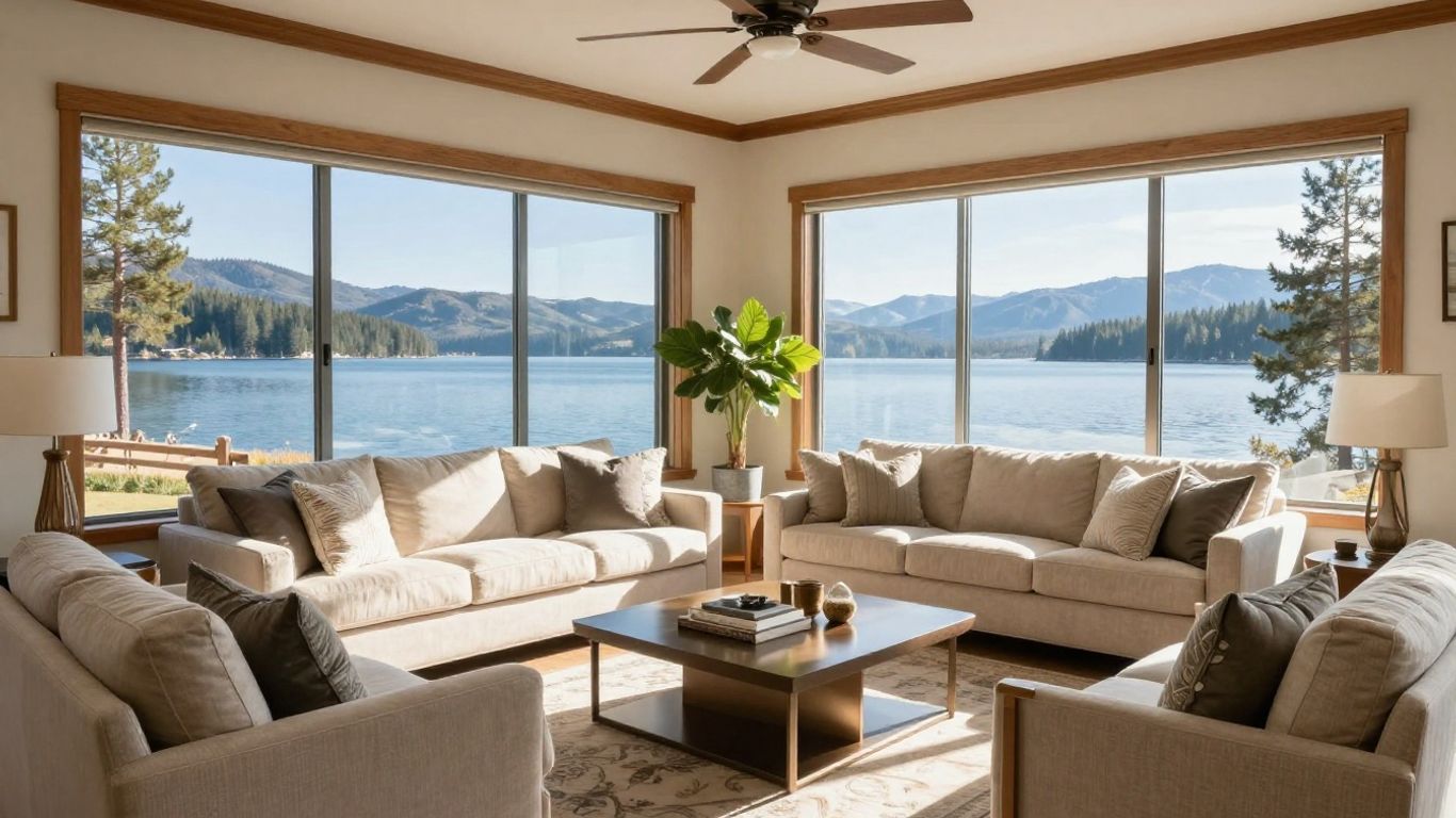 Furnished Airbnb living room with Lake Tahoe view.