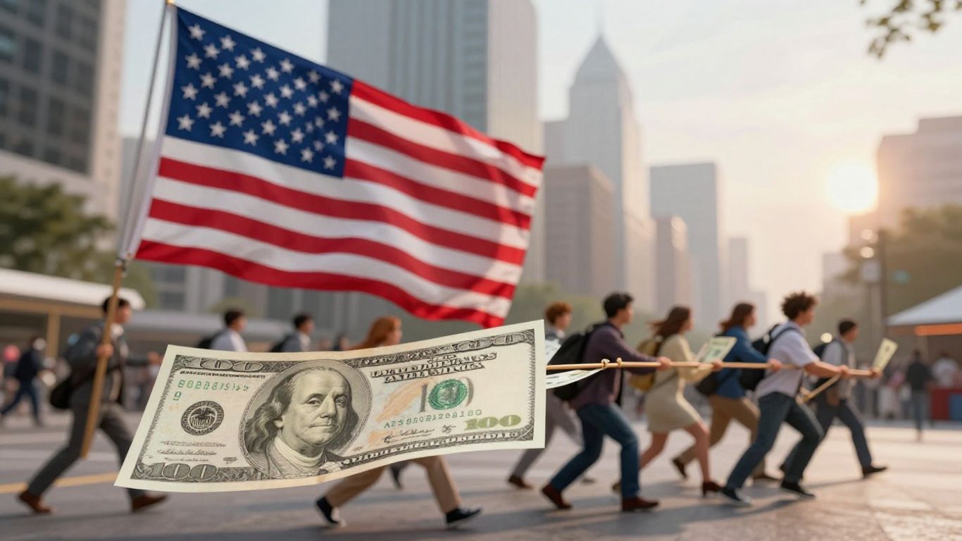 US dollar leading other currencies, cityscape background.