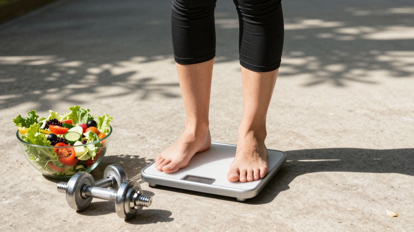 Person on scale with healthy food and weights.