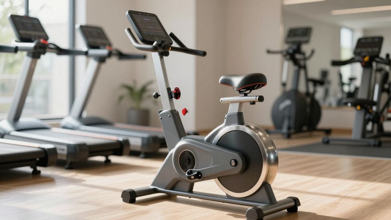 Modern upright exercise bike in a home gym.