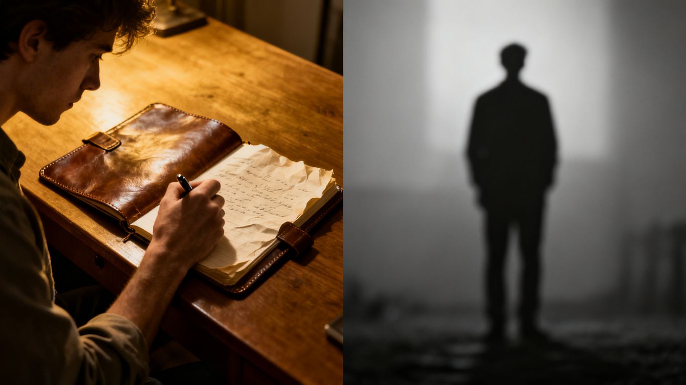 Person writing, shadowy figure observing, blurred reality.